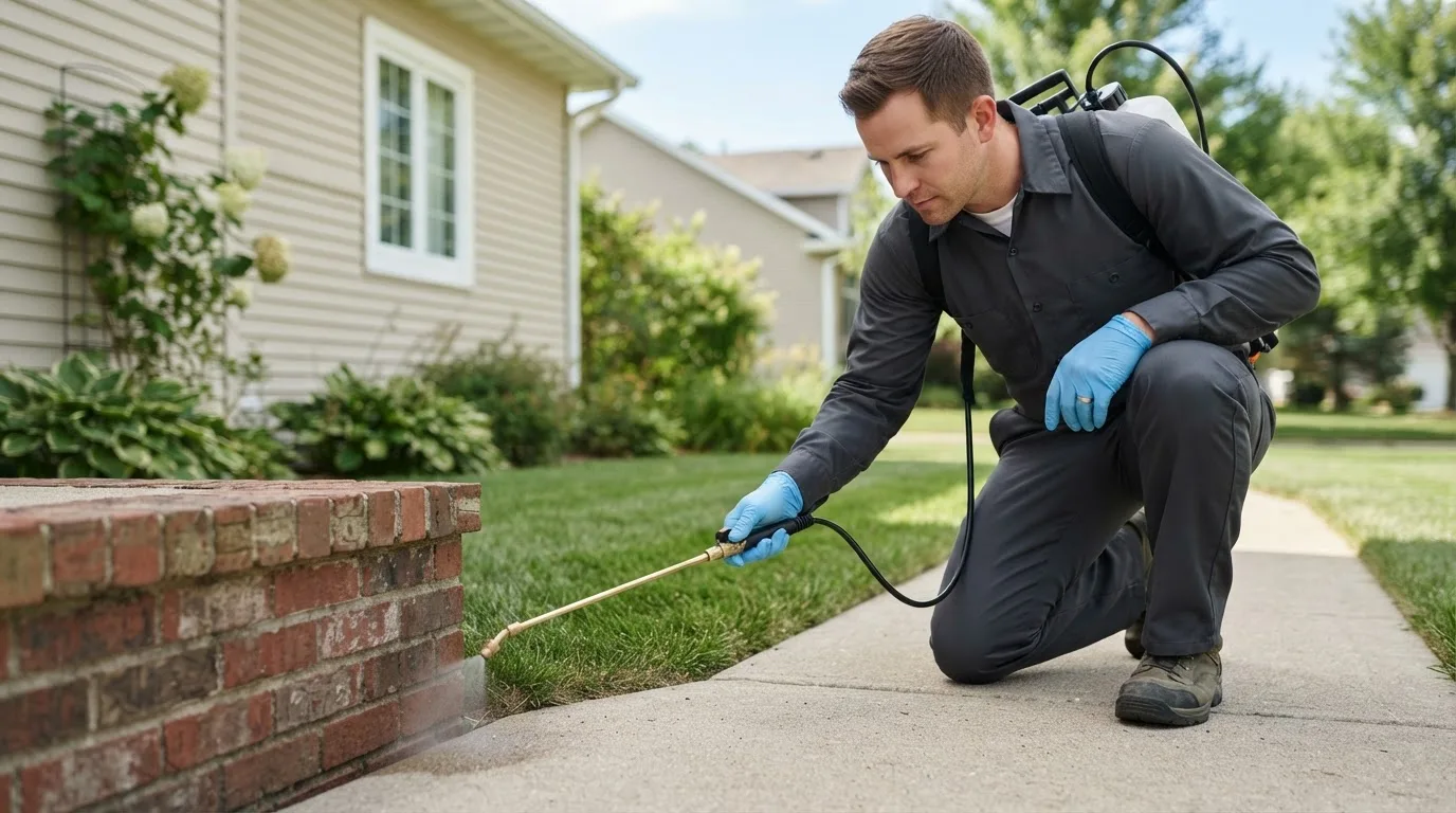 Pest control technician treating a home near Henderson, IL