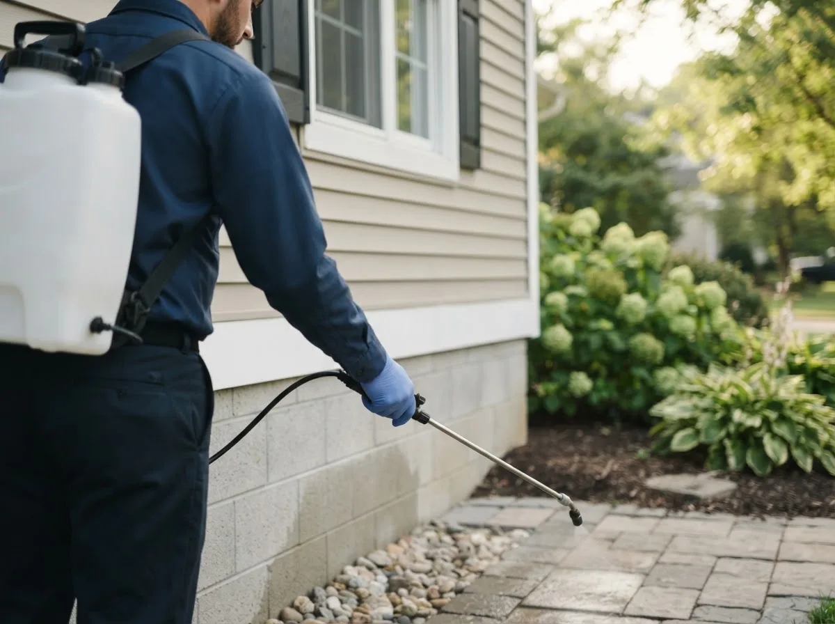 Pest control technician inspecting a home in Henderson, IL